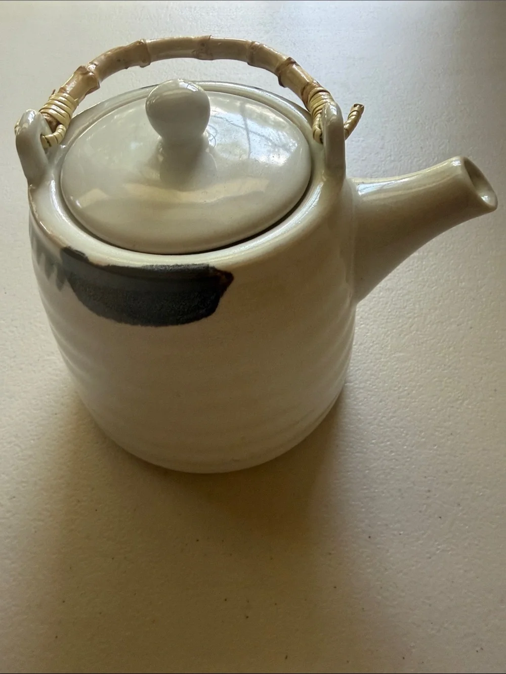 Cost Plus World Market Cream Ceramic Teapot with Bamboo Handle Dark Blue Accents